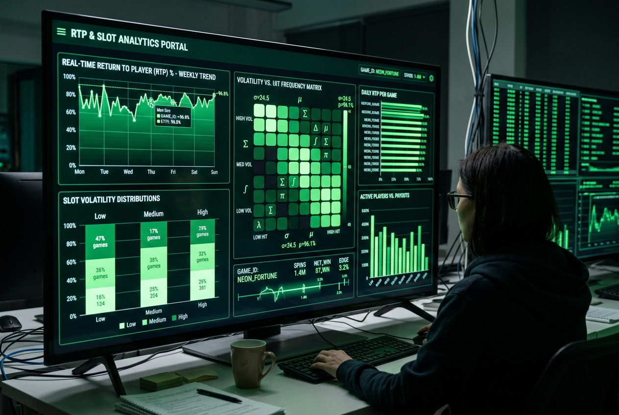 Panel analityczny pokazujący wykresy RTP i zmienności automatów