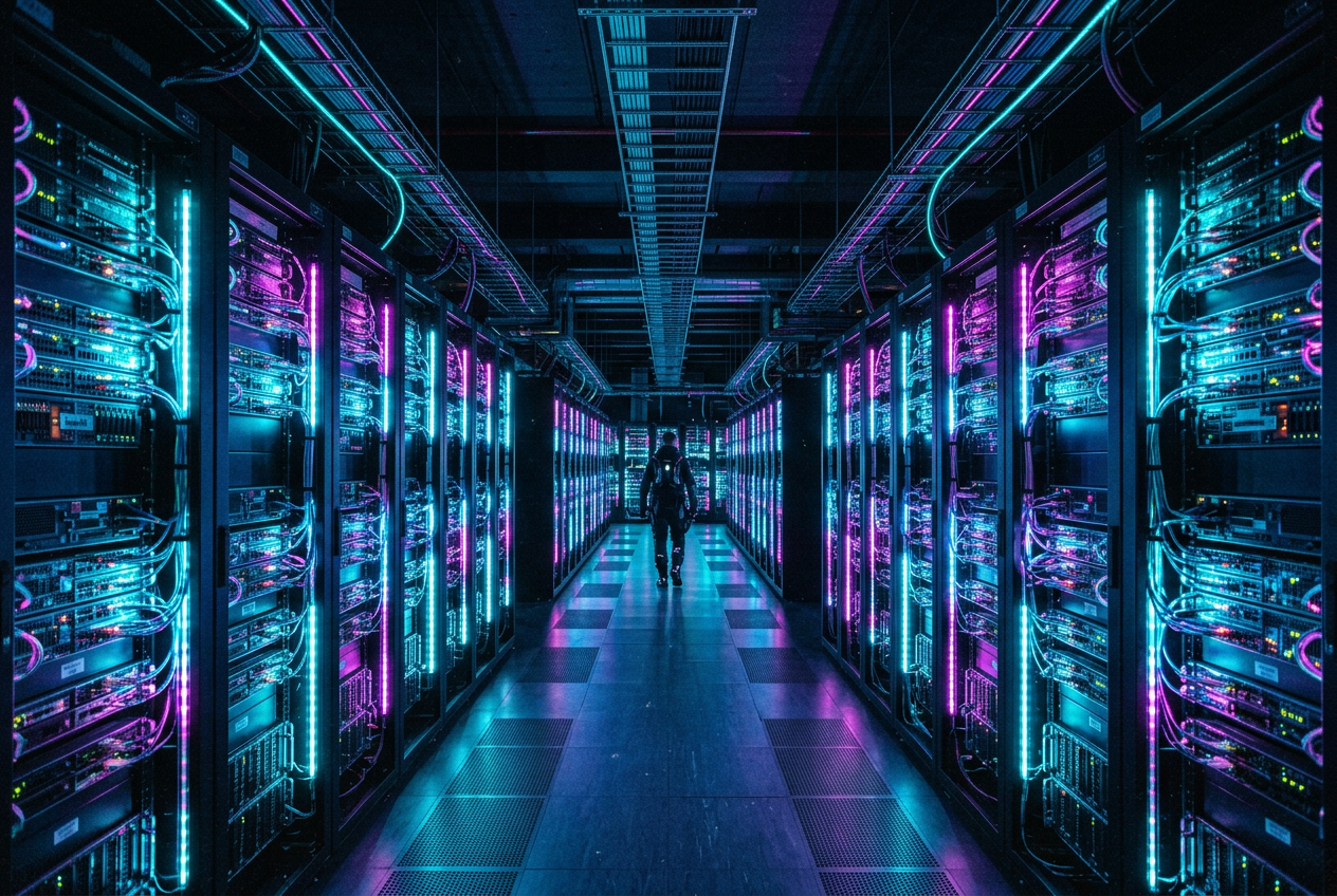 Infrastruktura serwerowa kasyna online z podświetlonymi szafami rack w nowoczesnym centrum danych