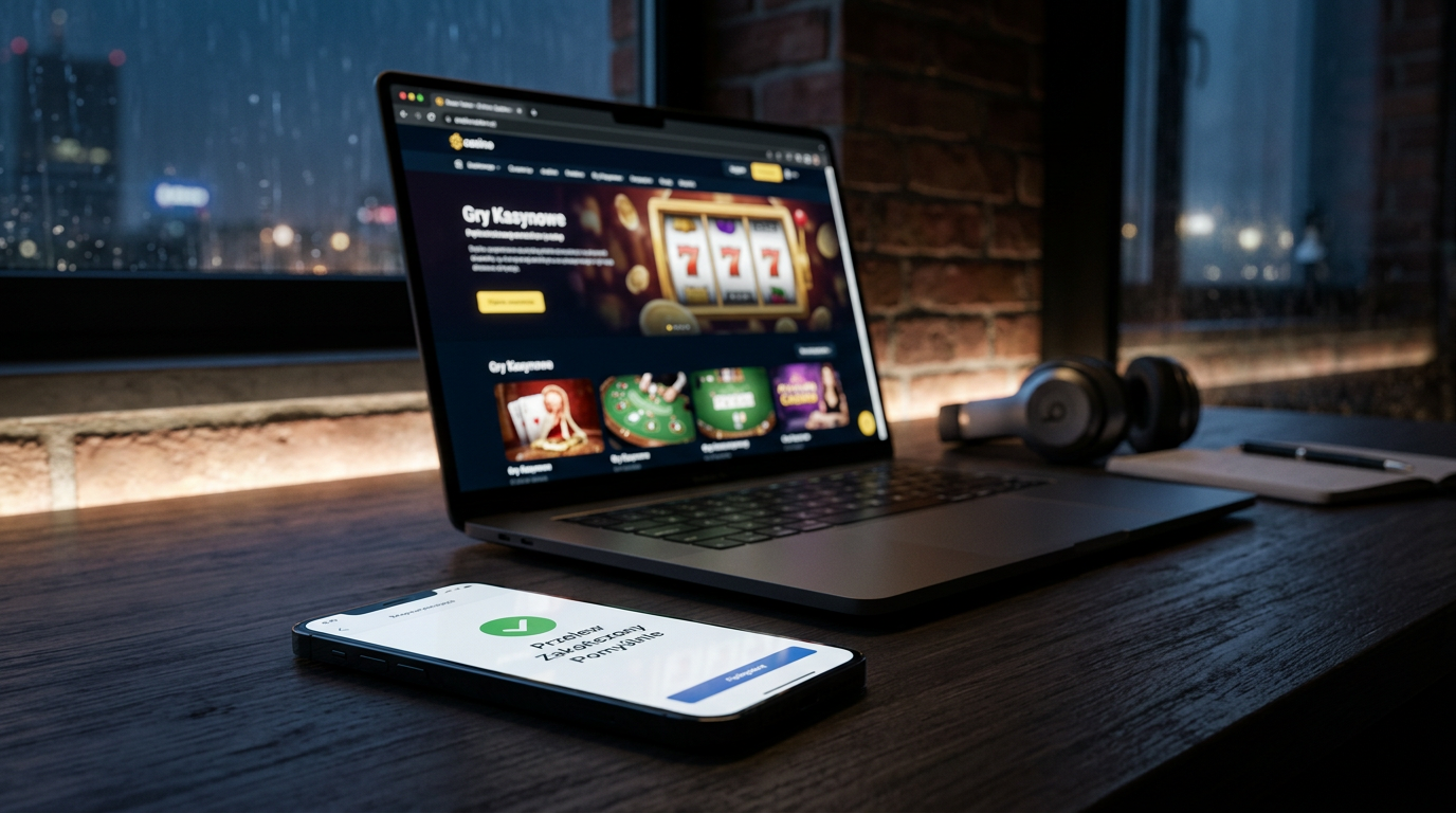 Smartfon z aplikacją Skrill i laptop z otwartym kasynem online na biurku