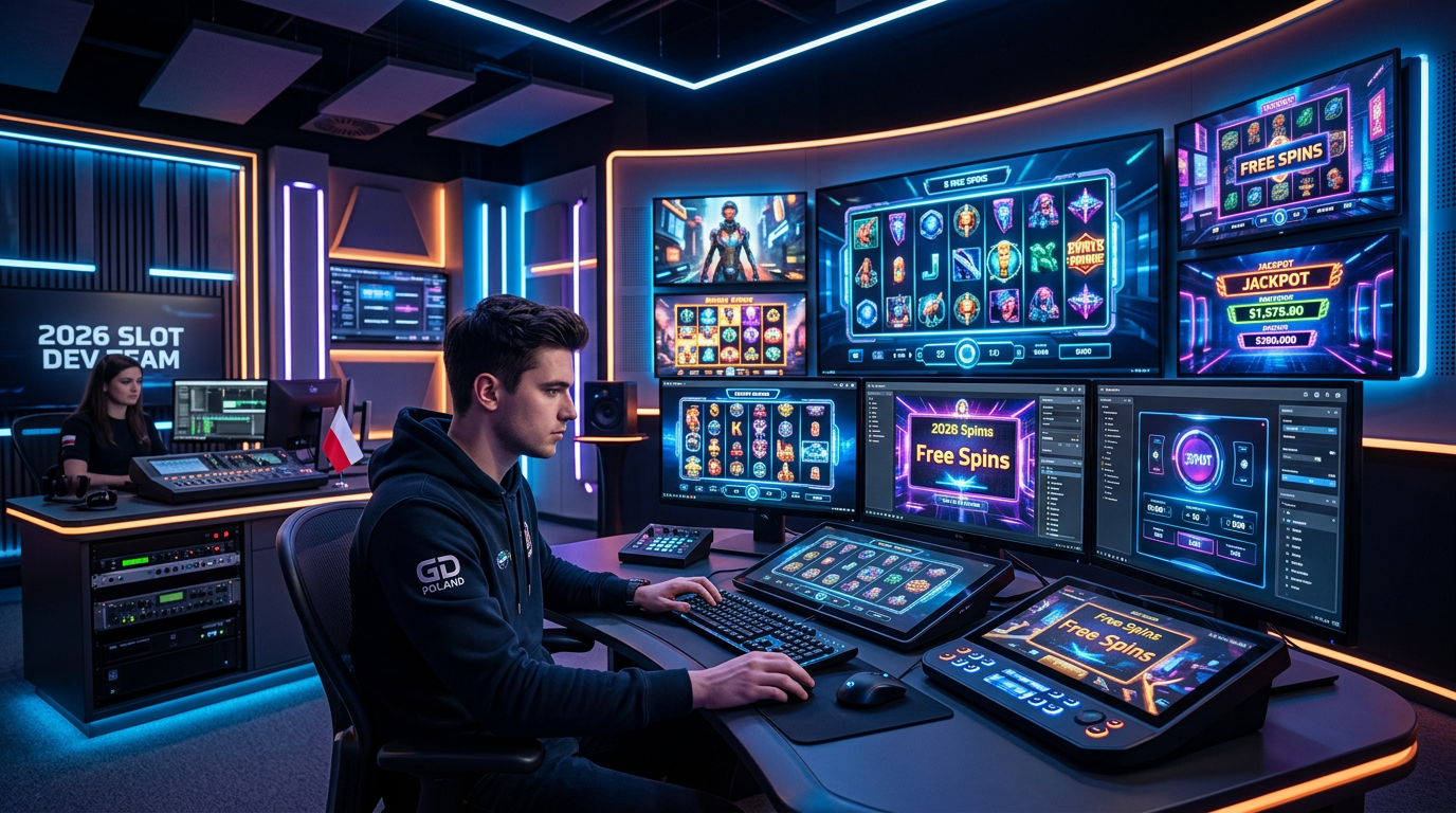 Nowoczesne studio gier z widokiem na futurystyczne interfejsy slotów online 2026